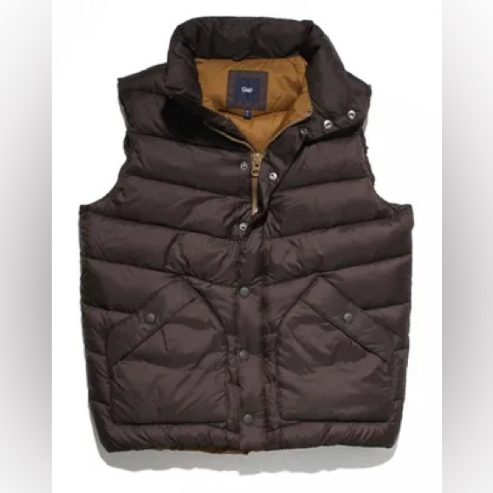 Gap Puffer Vest Men's Large Black Down filled Mock Neck Pockets Full Zip Hooded